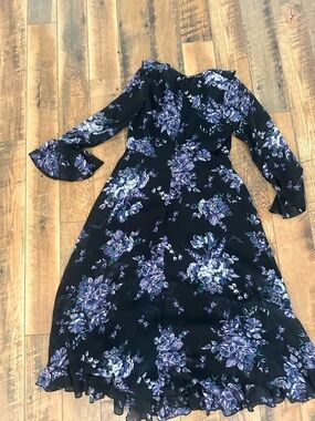 ASOS Black Floral Long Sleeve Midi Dress with Purple Bloom